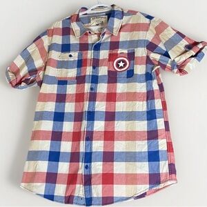 Captain America Marvel Plaid Button Down Short Sleeve Shirt Sz L Comic Avengers